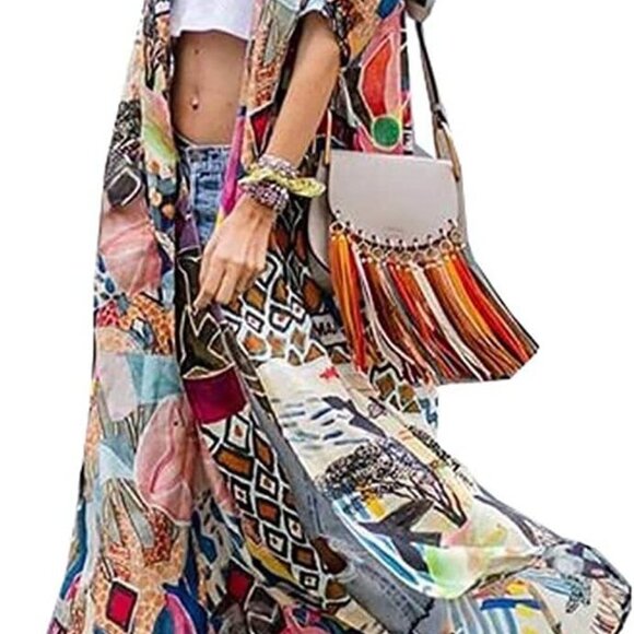 Over Sized Kimonos Women's Geometry Print Rayon Kimonos for Summer Loose Open Fr - Picture 1 of 8